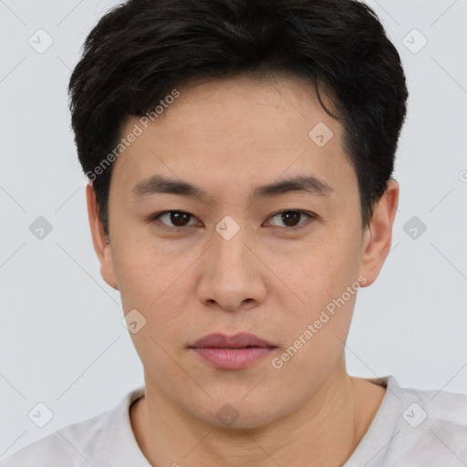Neutral asian young-adult male with short  brown hair and brown eyes