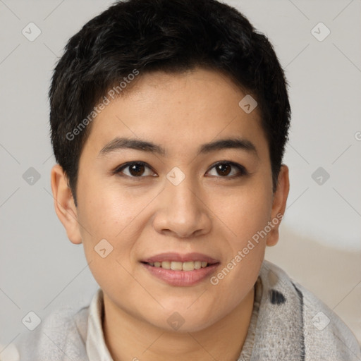 Joyful white young-adult female with short  brown hair and brown eyes