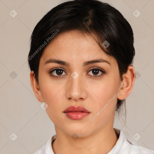 Neutral white young-adult female with medium  brown hair and brown eyes