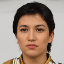 Neutral asian young-adult female with short  brown hair and brown eyes