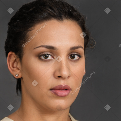 Neutral white young-adult female with long  brown hair and brown eyes