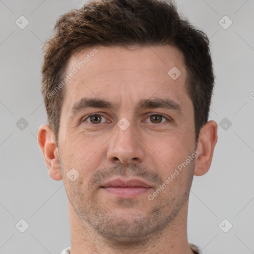 Neutral white adult male with short  brown hair and brown eyes