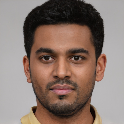 Neutral latino young-adult male with short  black hair and brown eyes