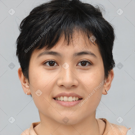 Joyful asian young-adult female with medium  brown hair and brown eyes