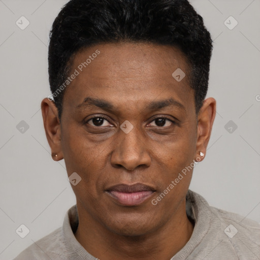 Joyful black adult male with short  black hair and brown eyes