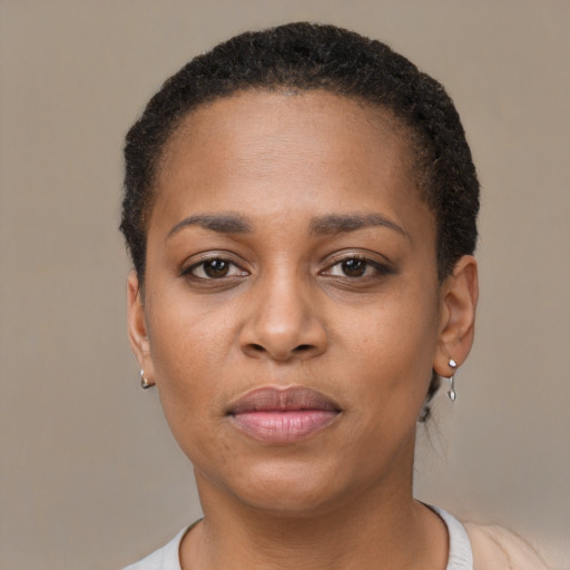 Joyful black young-adult female with short  brown hair and brown eyes