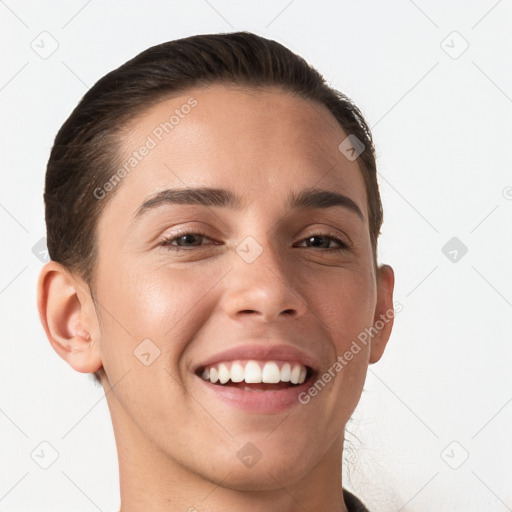 Joyful white young-adult female with short  brown hair and brown eyes