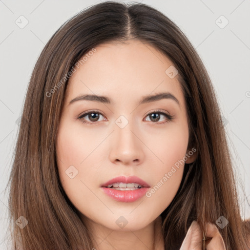 Neutral white young-adult female with long  brown hair and brown eyes