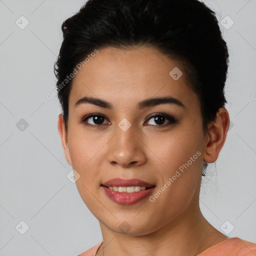 Joyful white young-adult female with short  black hair and brown eyes