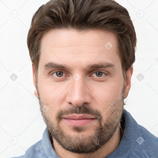 Neutral white young-adult male with short  brown hair and grey eyes