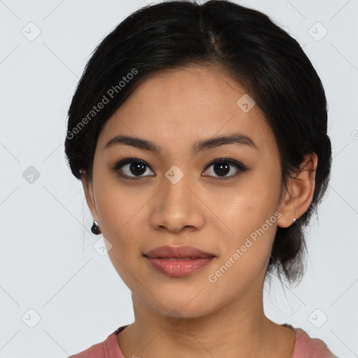 Joyful asian young-adult female with medium  black hair and brown eyes