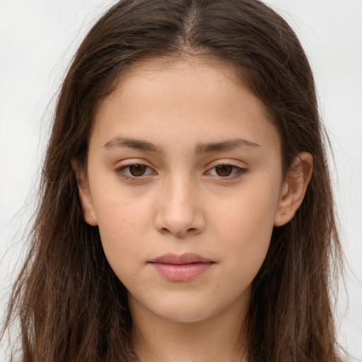Neutral white child female with long  brown hair and brown eyes