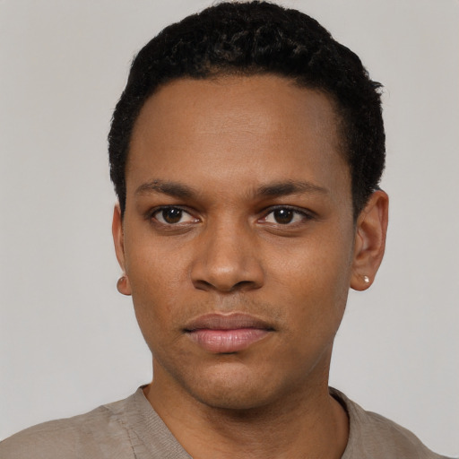 Neutral black young-adult male with short  black hair and brown eyes