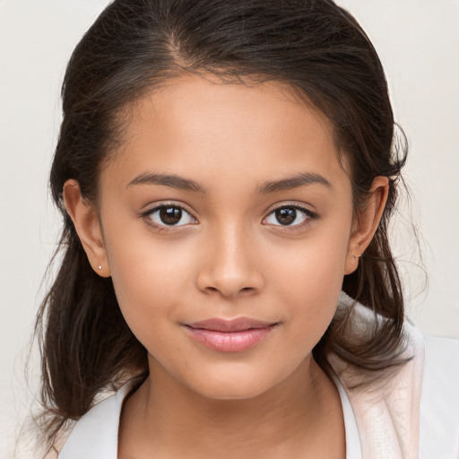 Joyful white child female with medium  brown hair and brown eyes