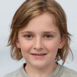 Joyful white child female with medium  brown hair and blue eyes