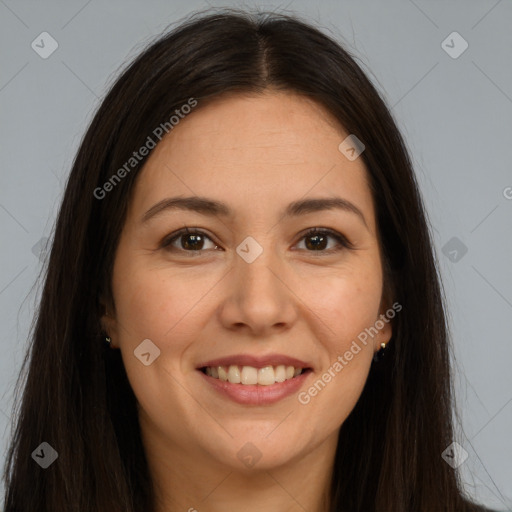 Joyful white young-adult female with long  brown hair and brown eyes