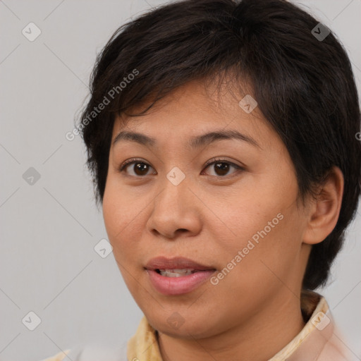 Joyful white young-adult female with medium  brown hair and brown eyes