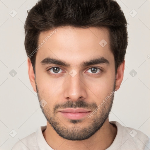 Neutral white young-adult male with short  brown hair and brown eyes