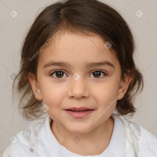 Joyful white child female with medium  brown hair and brown eyes