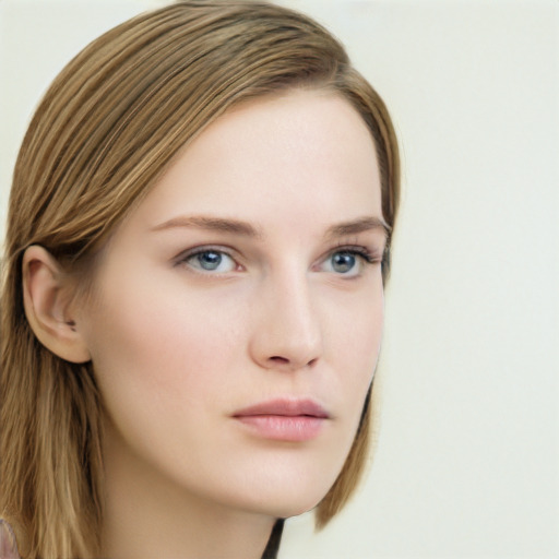 Neutral white young-adult female with long  brown hair and grey eyes