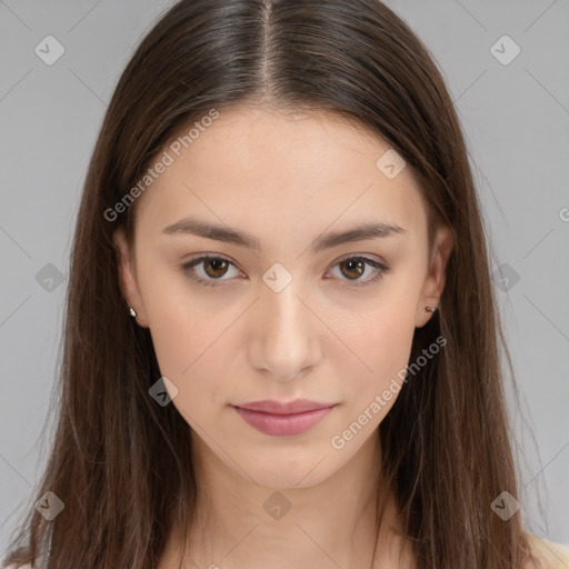 Neutral white young-adult female with long  brown hair and brown eyes