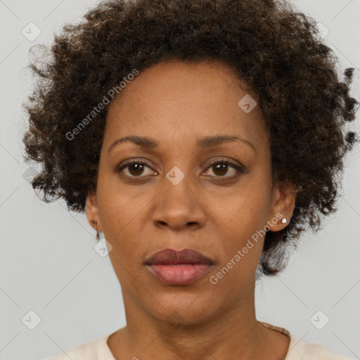 Joyful black adult female with short  brown hair and brown eyes