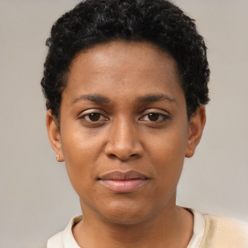 Neutral black young-adult female with short  black hair and brown eyes