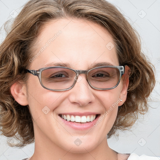 Joyful white adult female with medium  brown hair and blue eyes