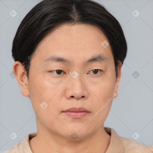 Neutral asian young-adult male with short  brown hair and brown eyes