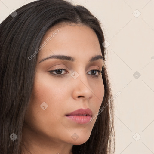 Neutral white young-adult female with long  brown hair and brown eyes