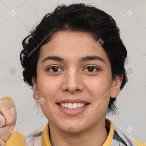 Joyful latino young-adult female with short  brown hair and brown eyes