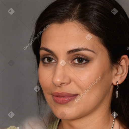 Joyful white young-adult female with medium  brown hair and brown eyes