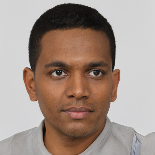 Neutral black young-adult male with short  black hair and brown eyes