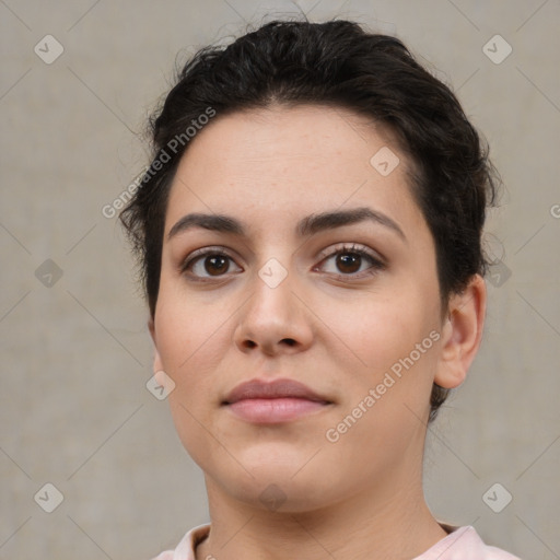 Neutral white young-adult female with short  brown hair and brown eyes