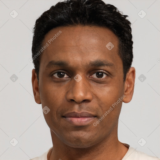 Neutral black young-adult male with short  black hair and brown eyes