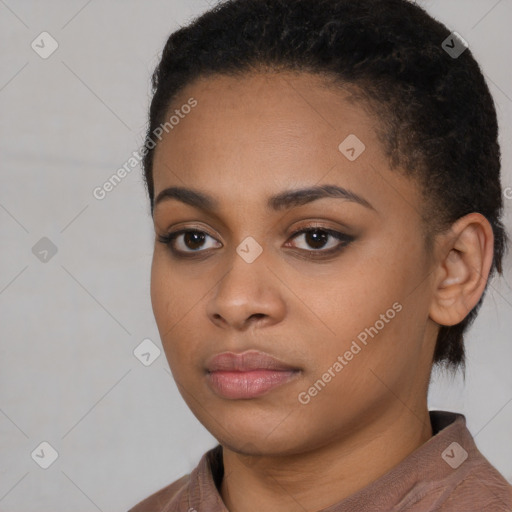 Neutral black young-adult female with short  black hair and brown eyes