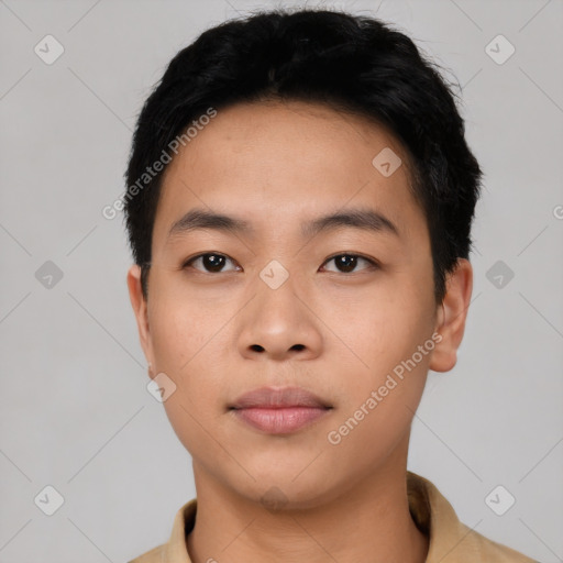 Neutral asian young-adult male with short  black hair and brown eyes