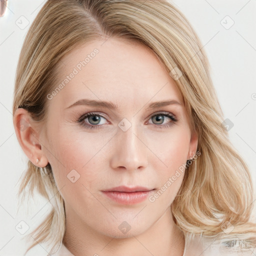 Neutral white young-adult female with long  brown hair and blue eyes