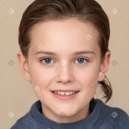 Joyful white child female with medium  brown hair and grey eyes