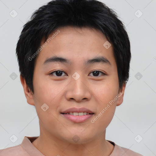 Joyful asian young-adult male with short  brown hair and brown eyes