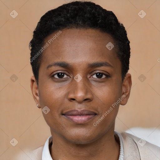 Joyful black young-adult female with short  black hair and brown eyes