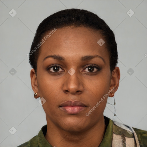 Neutral black young-adult female with short  black hair and brown eyes