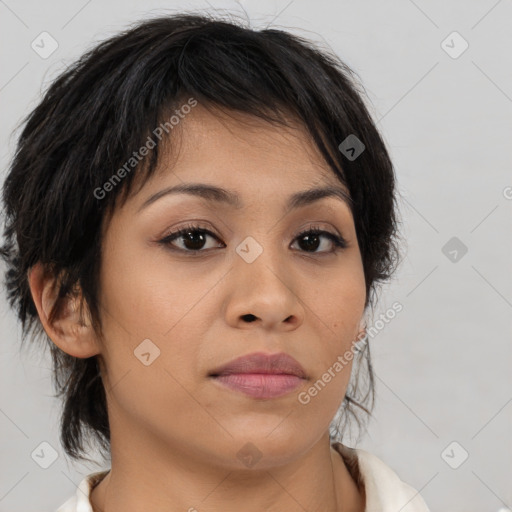 Neutral asian young-adult female with medium  brown hair and brown eyes