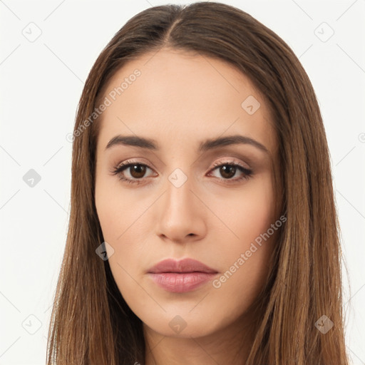 Neutral white young-adult female with long  brown hair and brown eyes