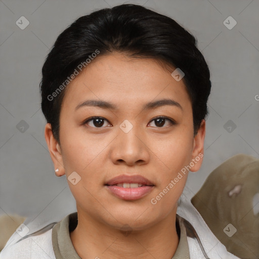 Joyful asian young-adult female with short  brown hair and brown eyes
