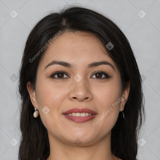 Joyful white young-adult female with long  brown hair and brown eyes