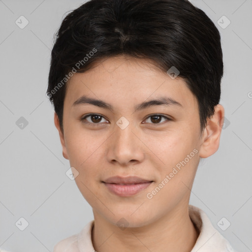 Joyful asian young-adult female with short  brown hair and brown eyes