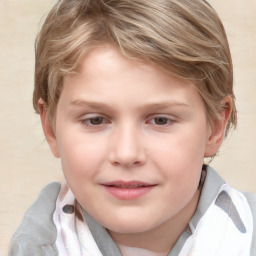 Joyful white child female with medium  brown hair and grey eyes