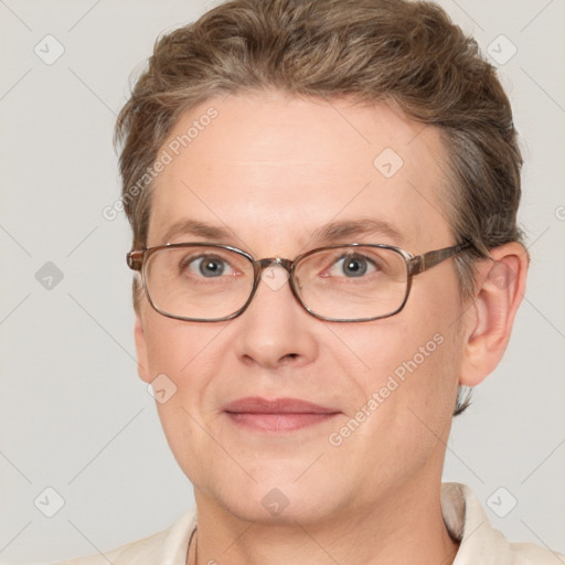 Joyful white adult female with short  brown hair and brown eyes