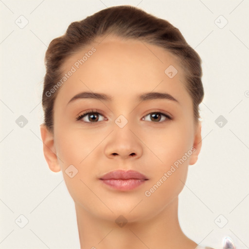 Neutral white young-adult female with short  brown hair and brown eyes